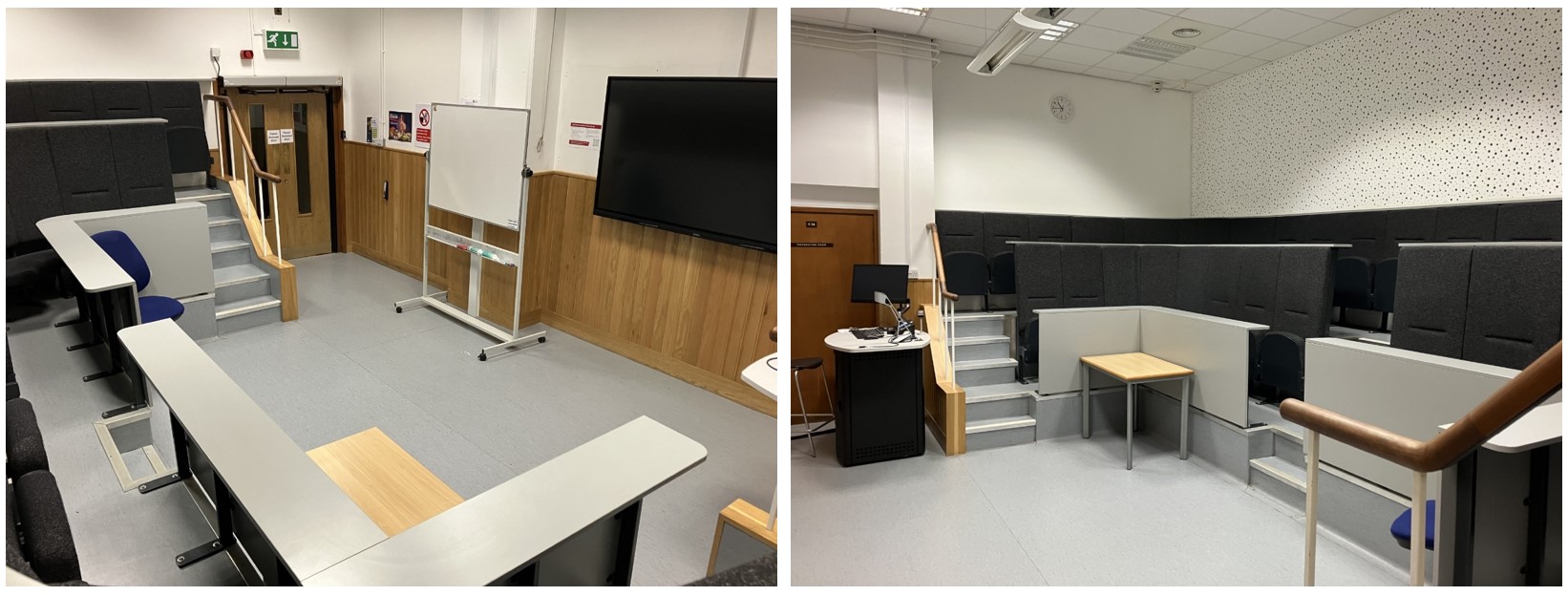 Rows of tiered seats facing the teaching wall